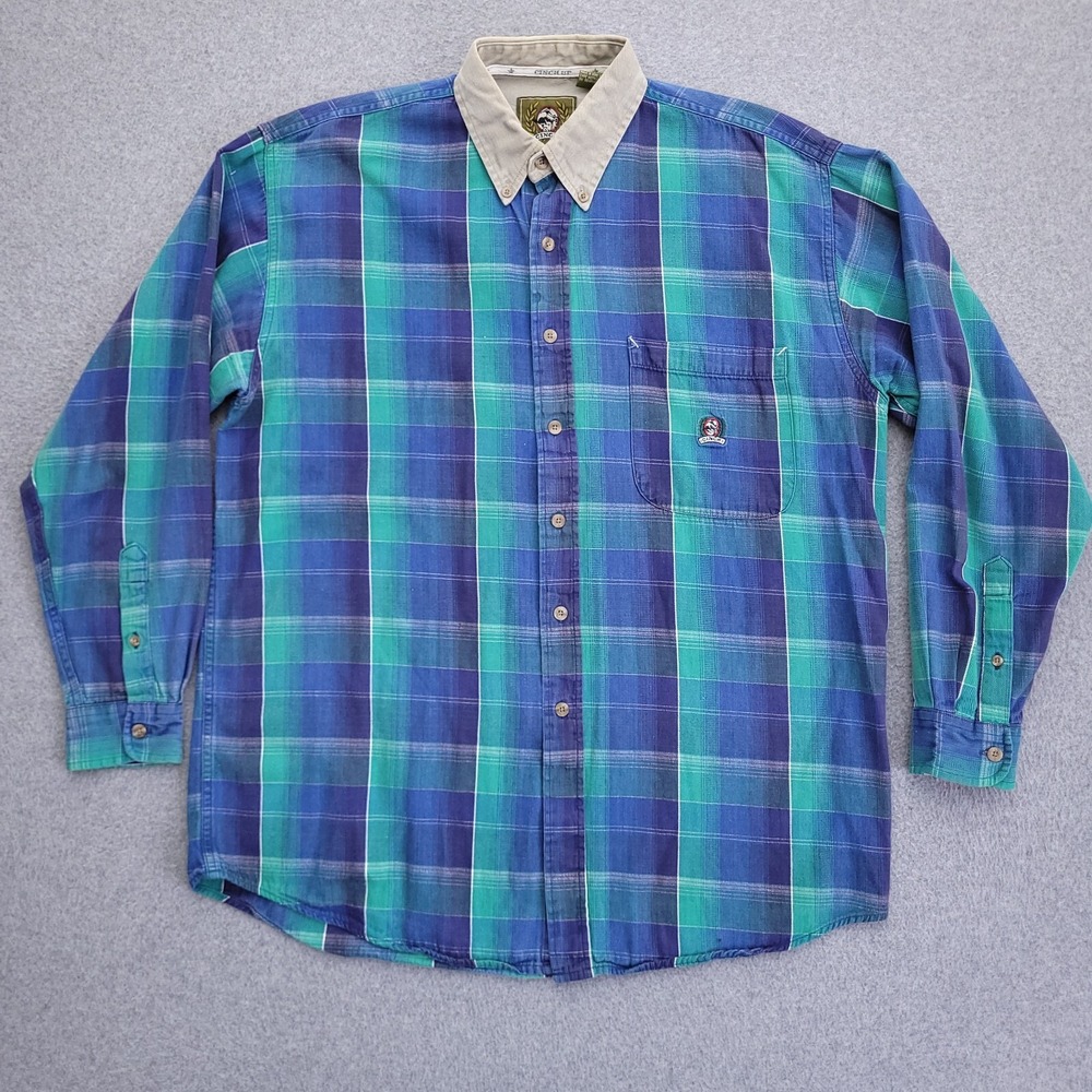 Cinch Button Up Shirt Medium Blue Plaid Contrast Collar Mens